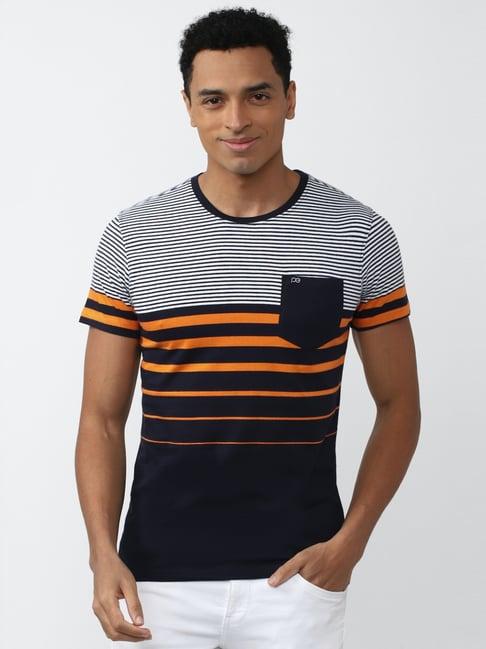 peter england jeans multi cotton slim fit striped t-shirt