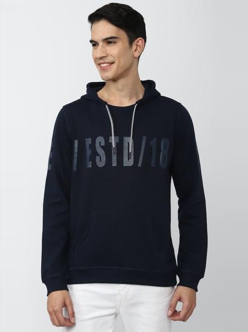 peter england jeans navy blue slim fit printed hooded sweatshirt