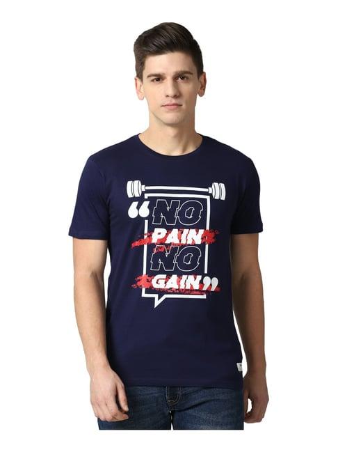 peter england jeans navy cotton slim fit printed t-shirt