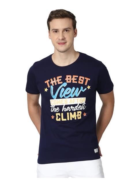 peter england jeans navy cotton slim fit printed t-shirt