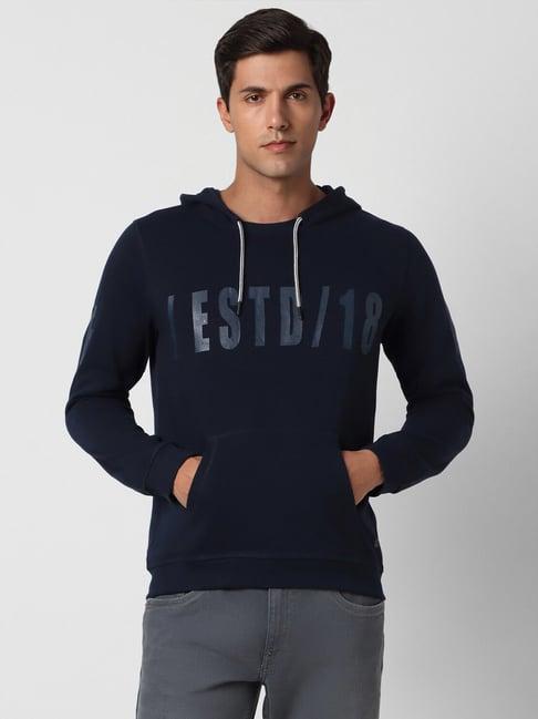 peter england jeans navy regular fit printed hooded sweatshirt