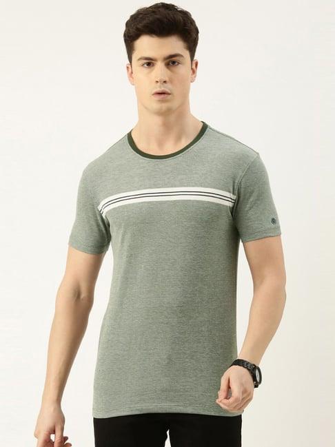 peter england jeans olive cotton slim fit striped t-shirt