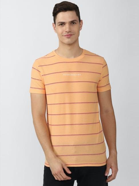 peter england jeans orange cotton slim fit striped t-shirt