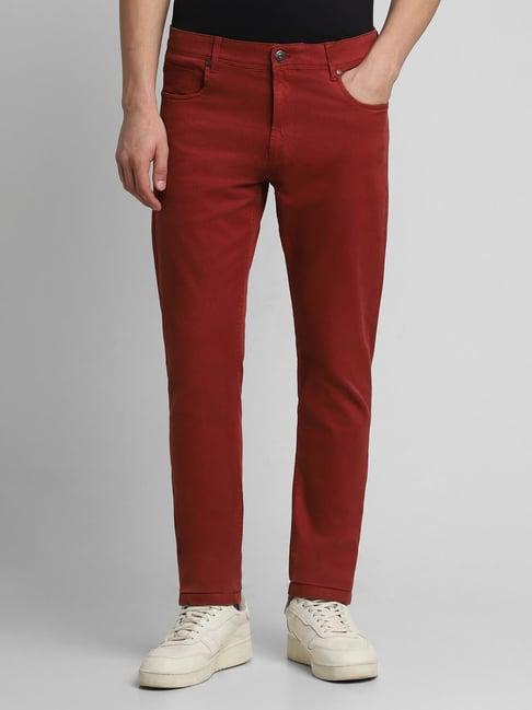 peter england jeans orange cotton slim fit trousers