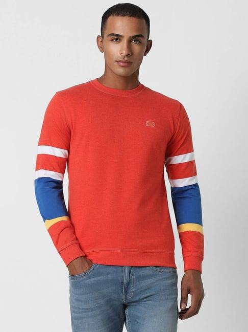 peter england jeans orange slim fit colour block sweatshirt