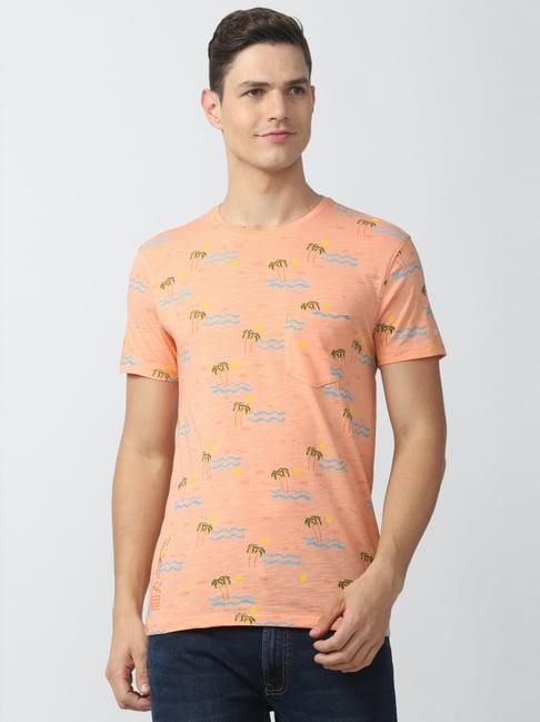 peter england jeans peach cotton slim fit printed t-shirt