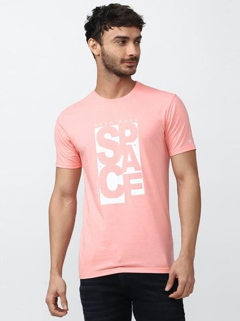 peter england jeans pink cotton slim fit printed t-shirt