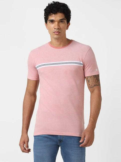 peter england jeans pink cotton slim fit striped t-shirt