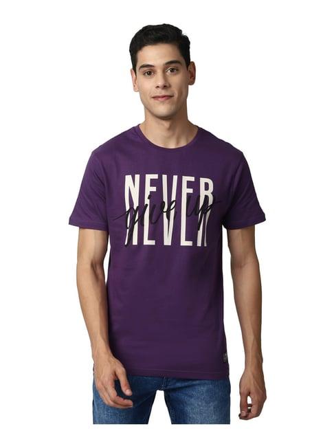 peter england jeans purple cotton slim fit printed t-shirt