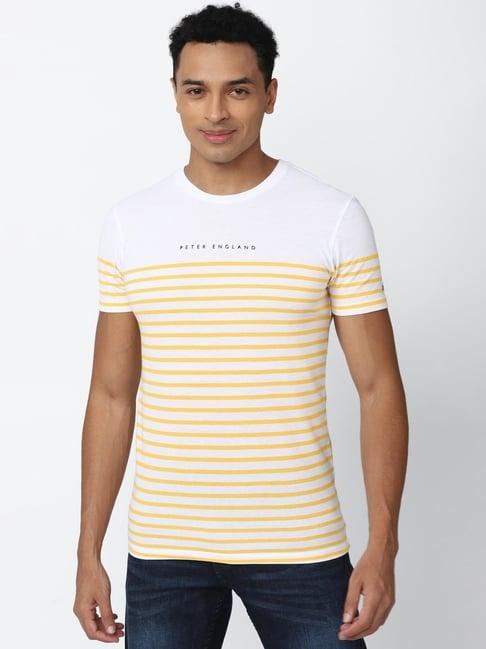 peter england jeans white & yellow slim fit striped t-shirt