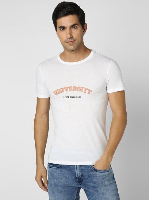 peter england jeans white slim fit printed t-shirt