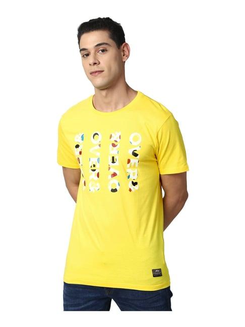 peter england jeans yellow cotton slim fit printed t-shirt