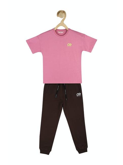 peter england kids pink & brown solid t-shirt with joggers
