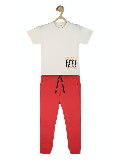 peter england kids white & red printed t-shirt with joggers