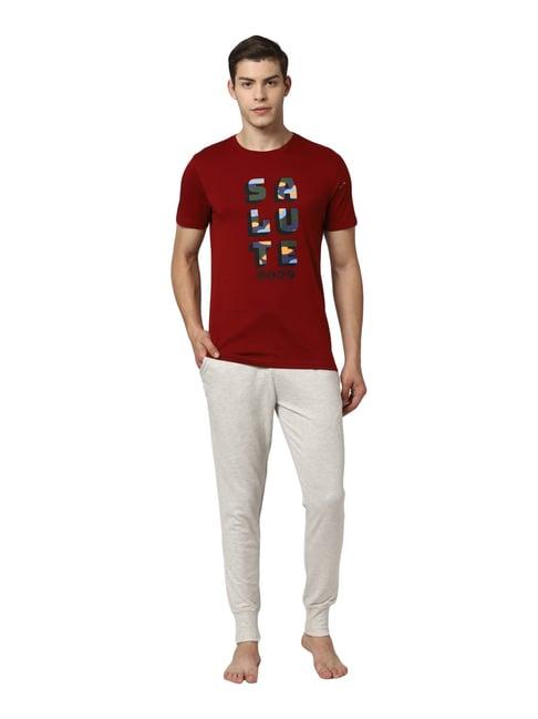 peter england maroon & off white cotton regular fit printed t-shirt with joggers