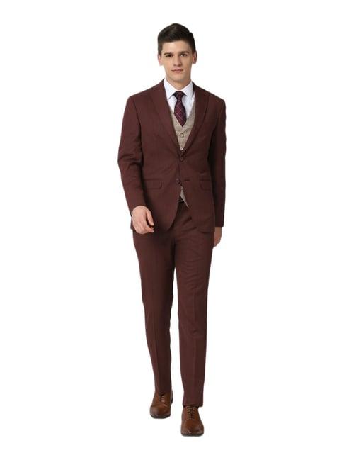 peter england maroon  slim fit self pattern three piece suit