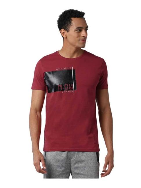 peter england maroon printed cotton t-shirt