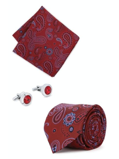 peter england maroon printed tie, pocket square & cufflink - set of 3