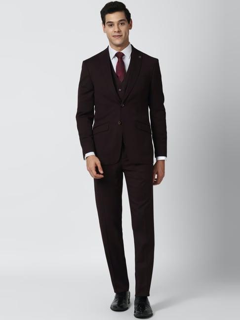 peter england maroon slim fit self pattern three piece suit