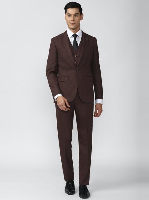 peter england maroon slim fit three piece suit