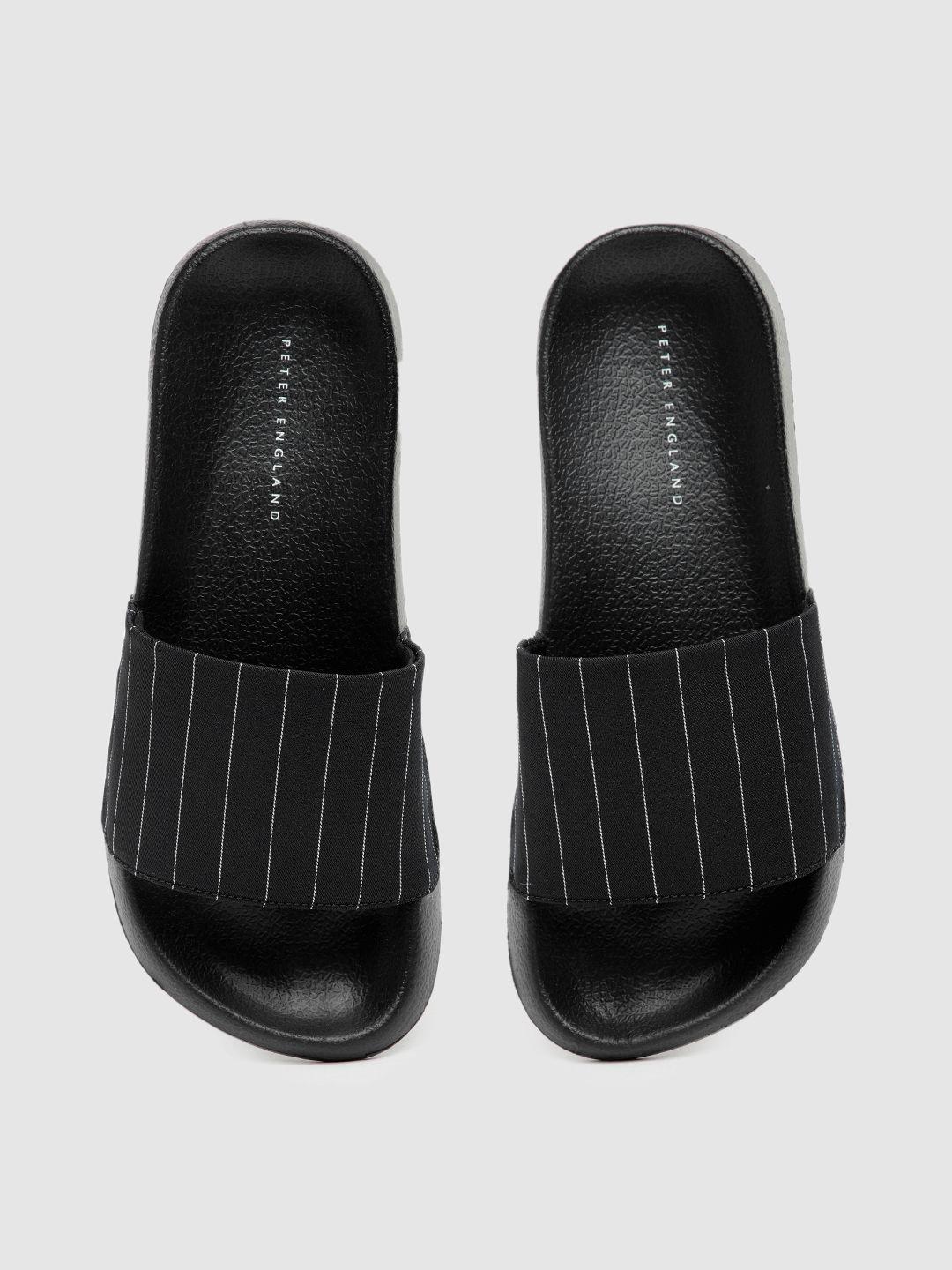 peter england men black & white striped sliders