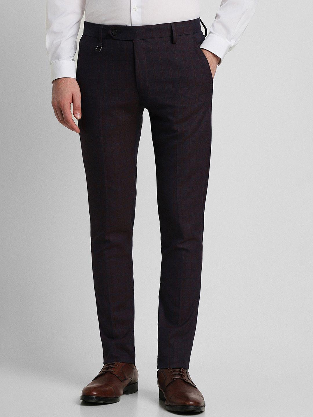 peter england men black checked slim fit formal trousers