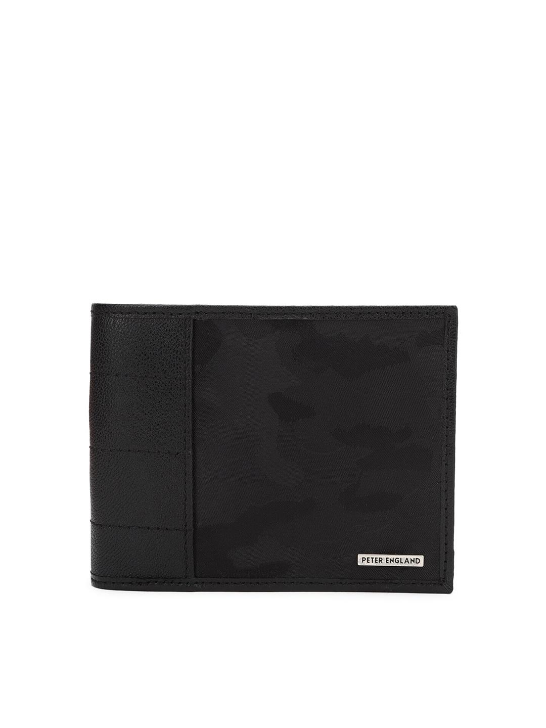 peter england men black printed leather two fold wallet