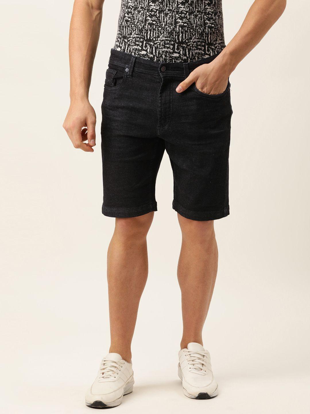 peter england men black solid above knee casual denim shorts