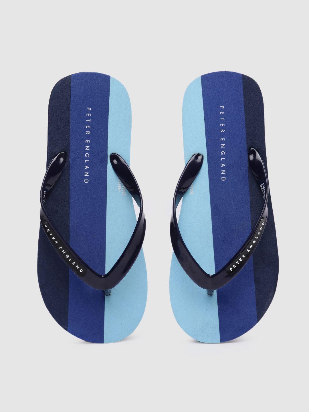 peter england men blue colourblocked rubber thong flip-flops with brand logo printed