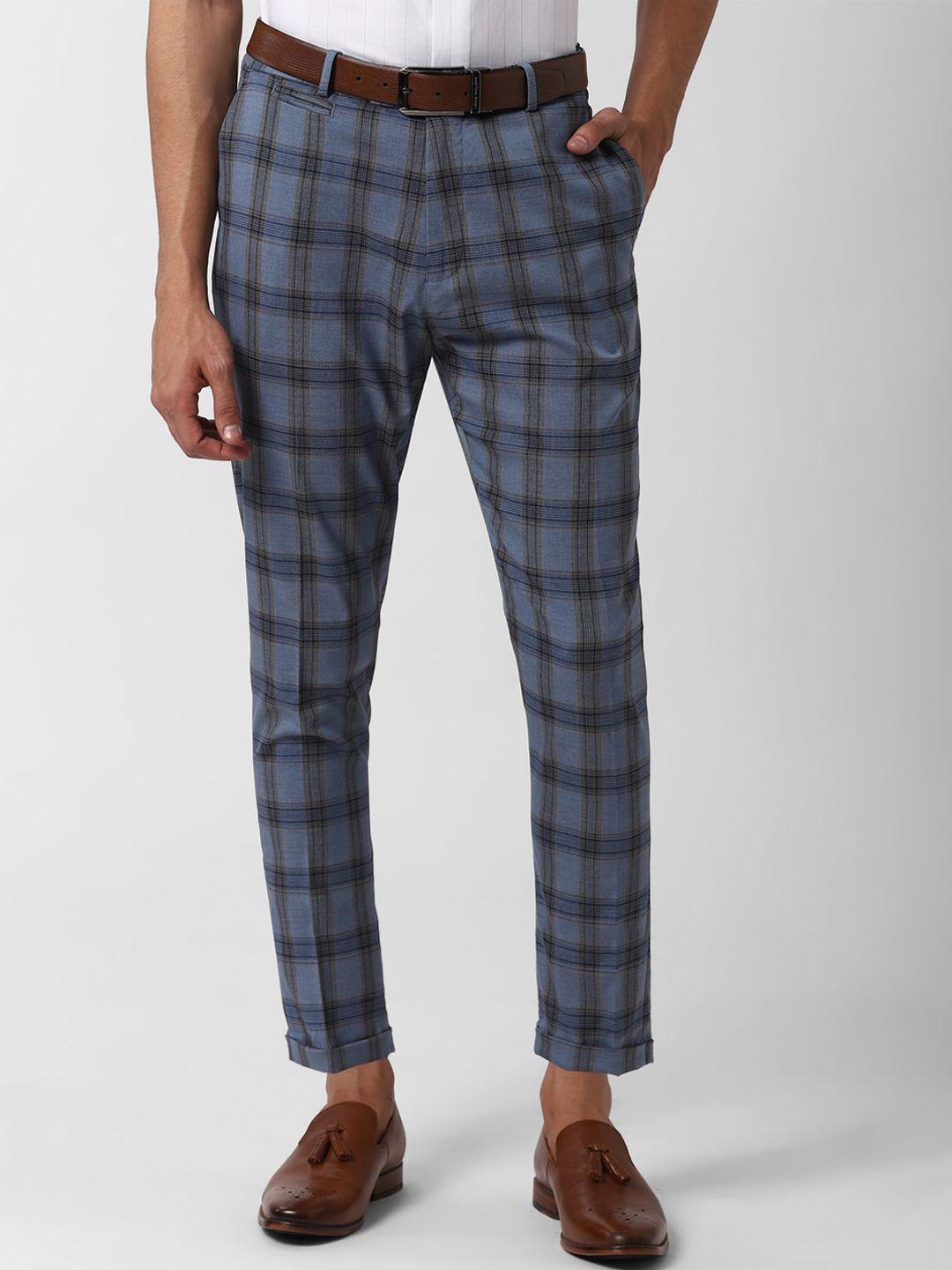 peter england men blue slim fit checked regular trousers
