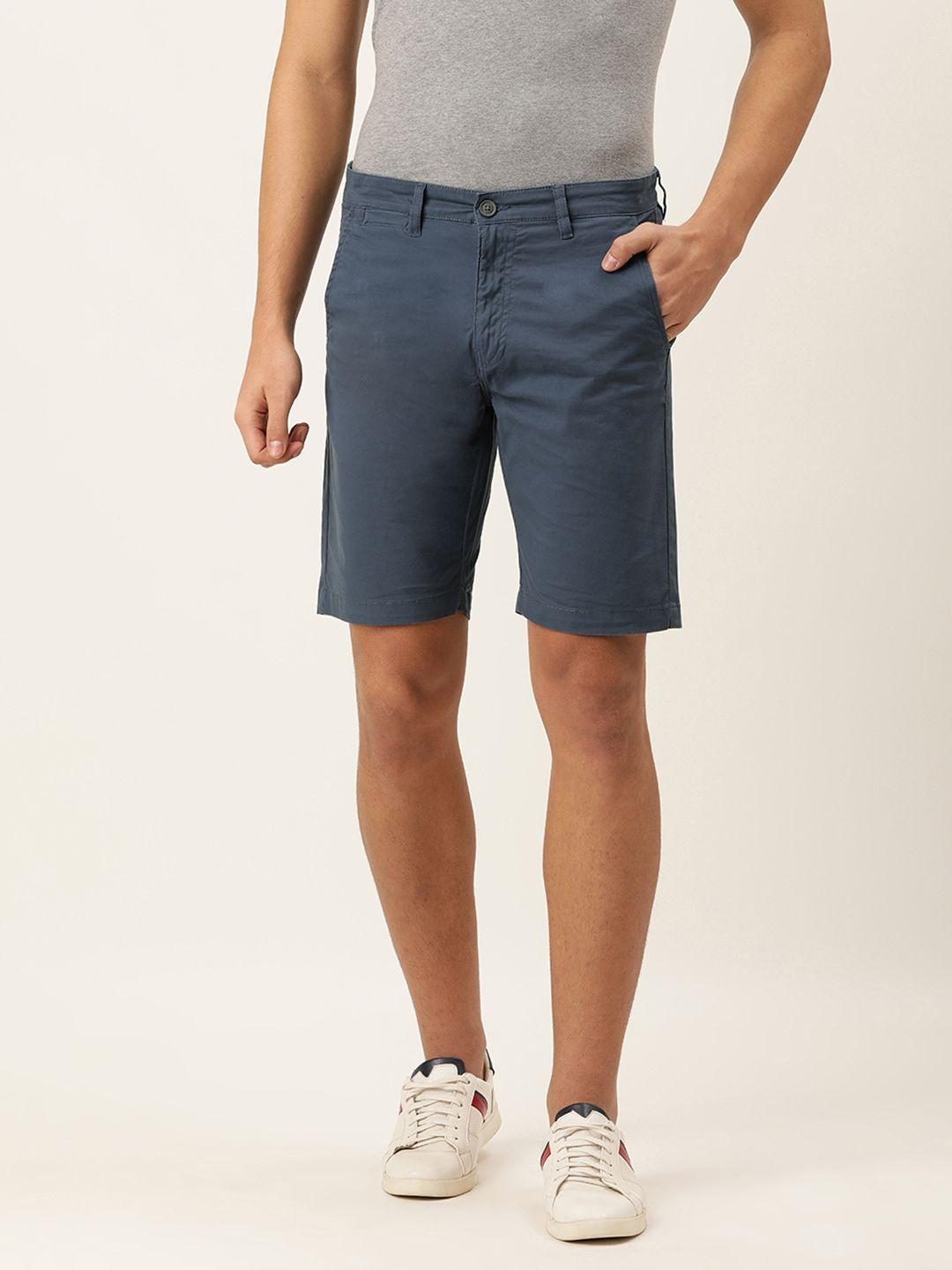 peter england men blue solid mid-rise regular shorts