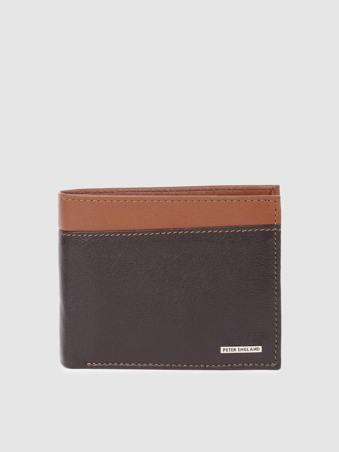peter england men brown & tan solid leather two fold wallet