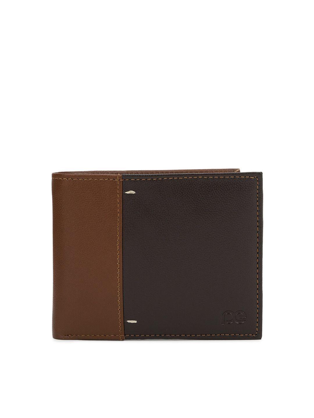 peter england men brown colourblocked leather card holder