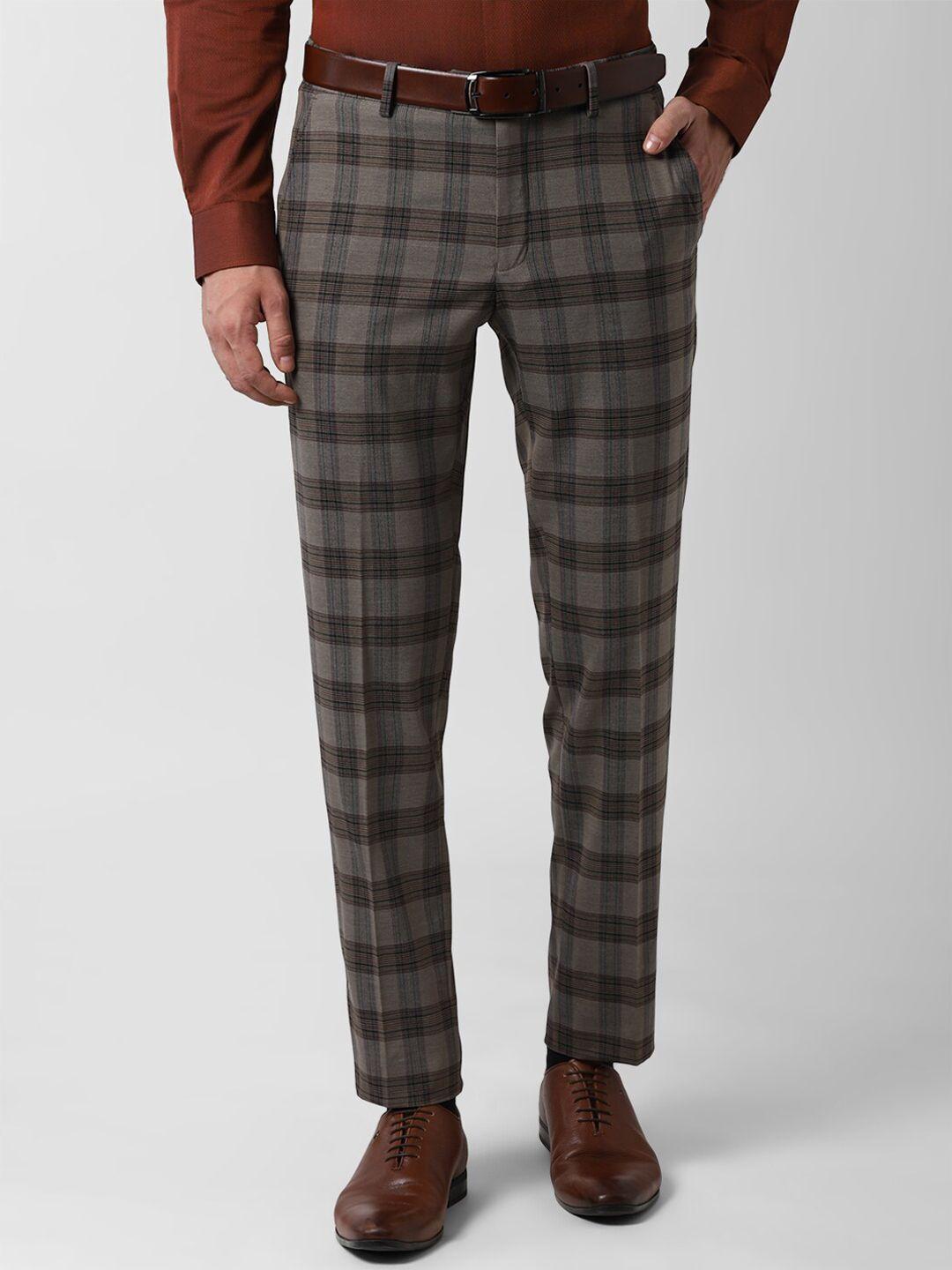 peter england men brown slim fit checked formal trousers