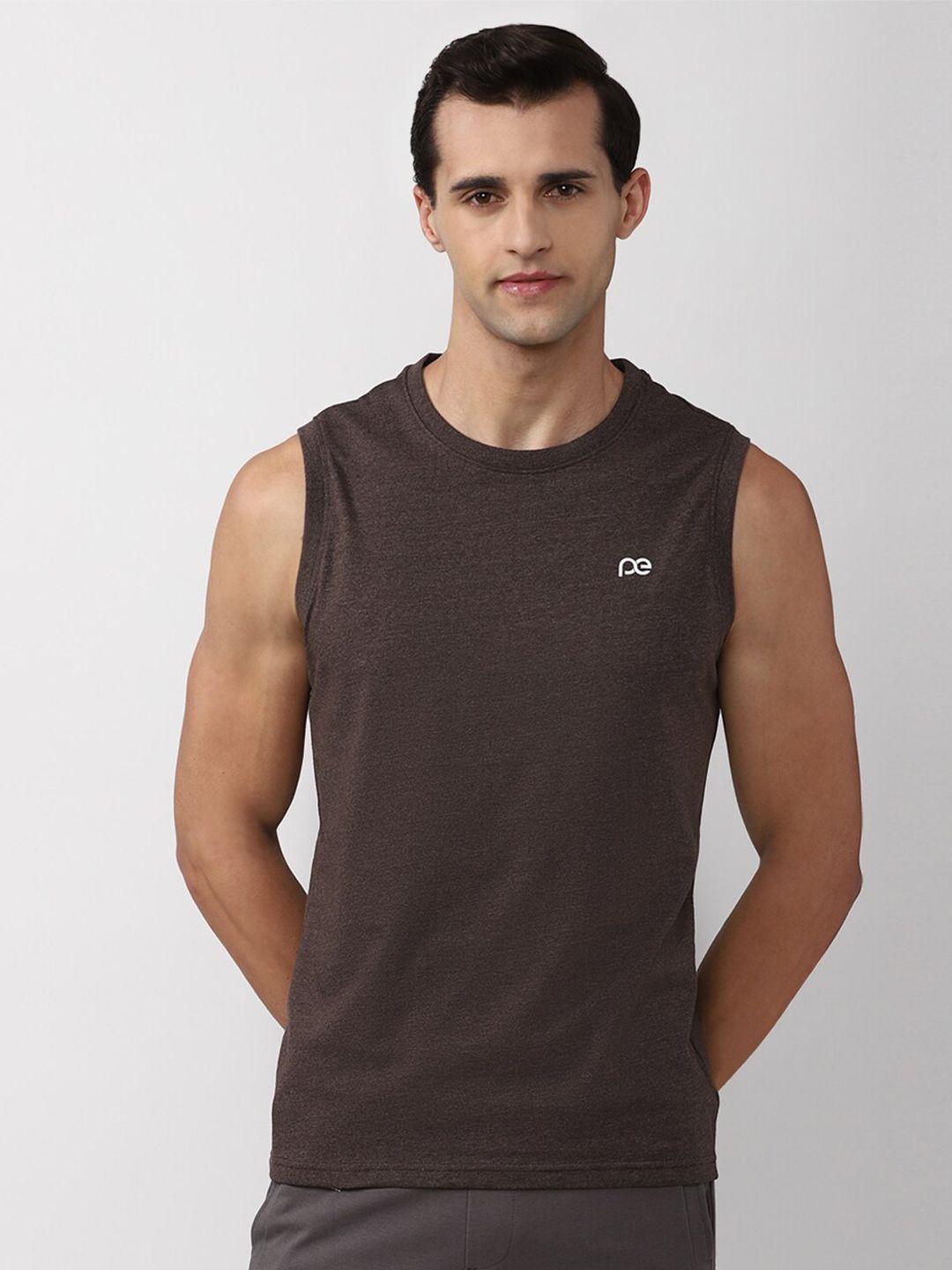 peter england men brown solid pure cotton sleeveless t-shirt