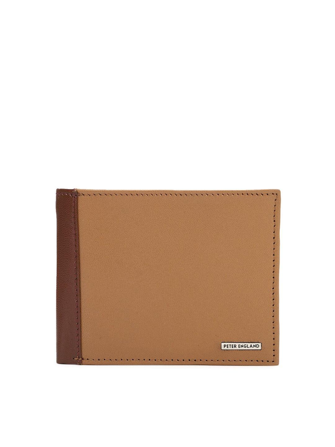 peter england men camel brown & brown printed leather two fold wallet