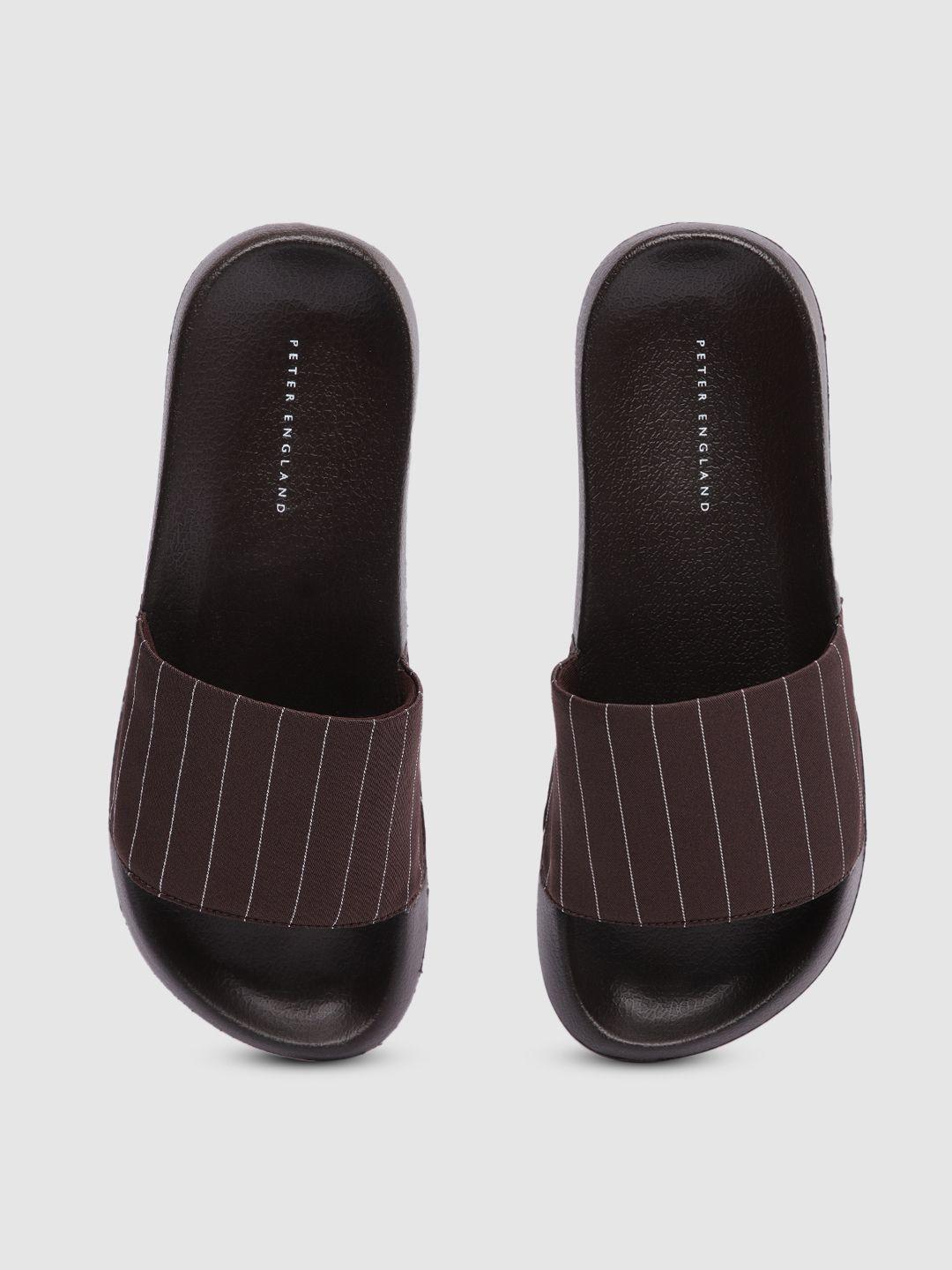 peter england men chocolate brown striped rubber sliders