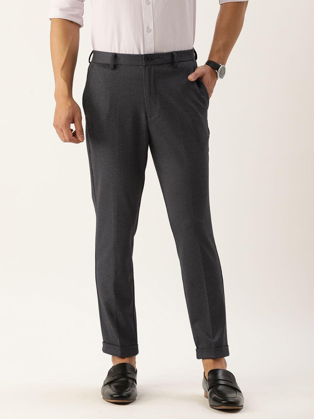 peter england men dark grey micro checks printed slim fit cropped length trousers