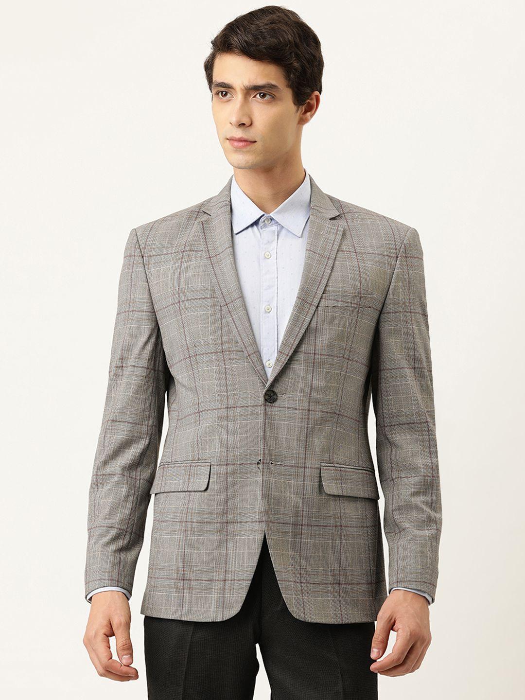 peter england men grey & brown neo slim fit checked formal blazer