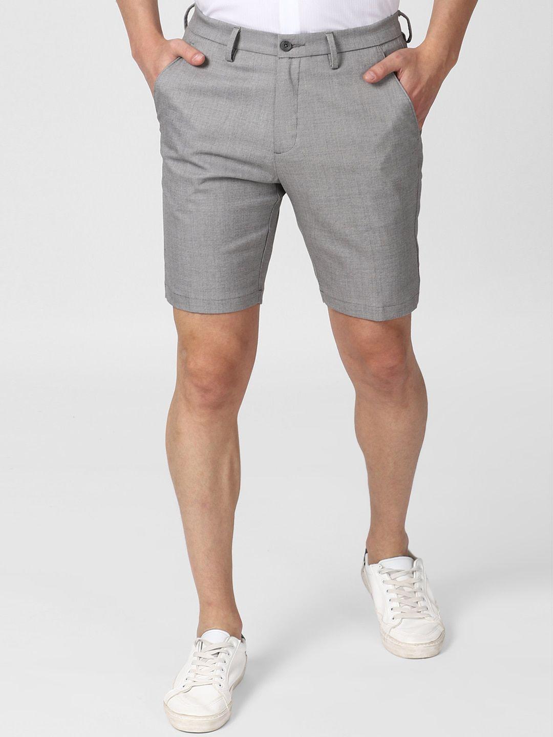 peter england men grey melange solid slim fit mid-rise regular shorts