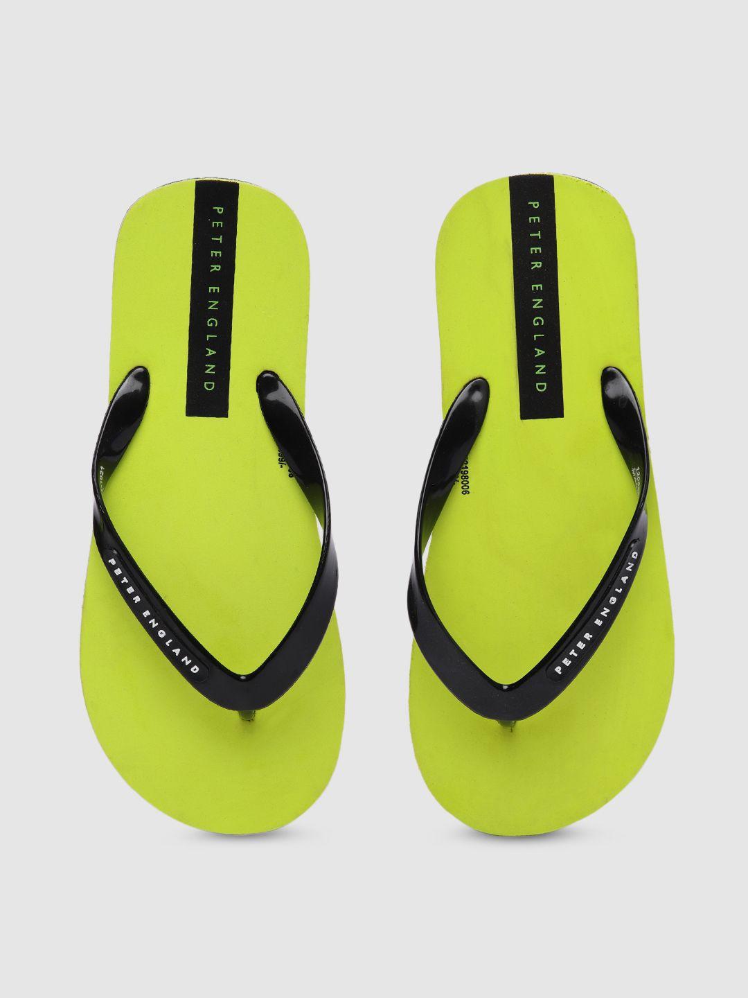 peter england men lime green & black solid rubber thong flip-flops with brand logo printed