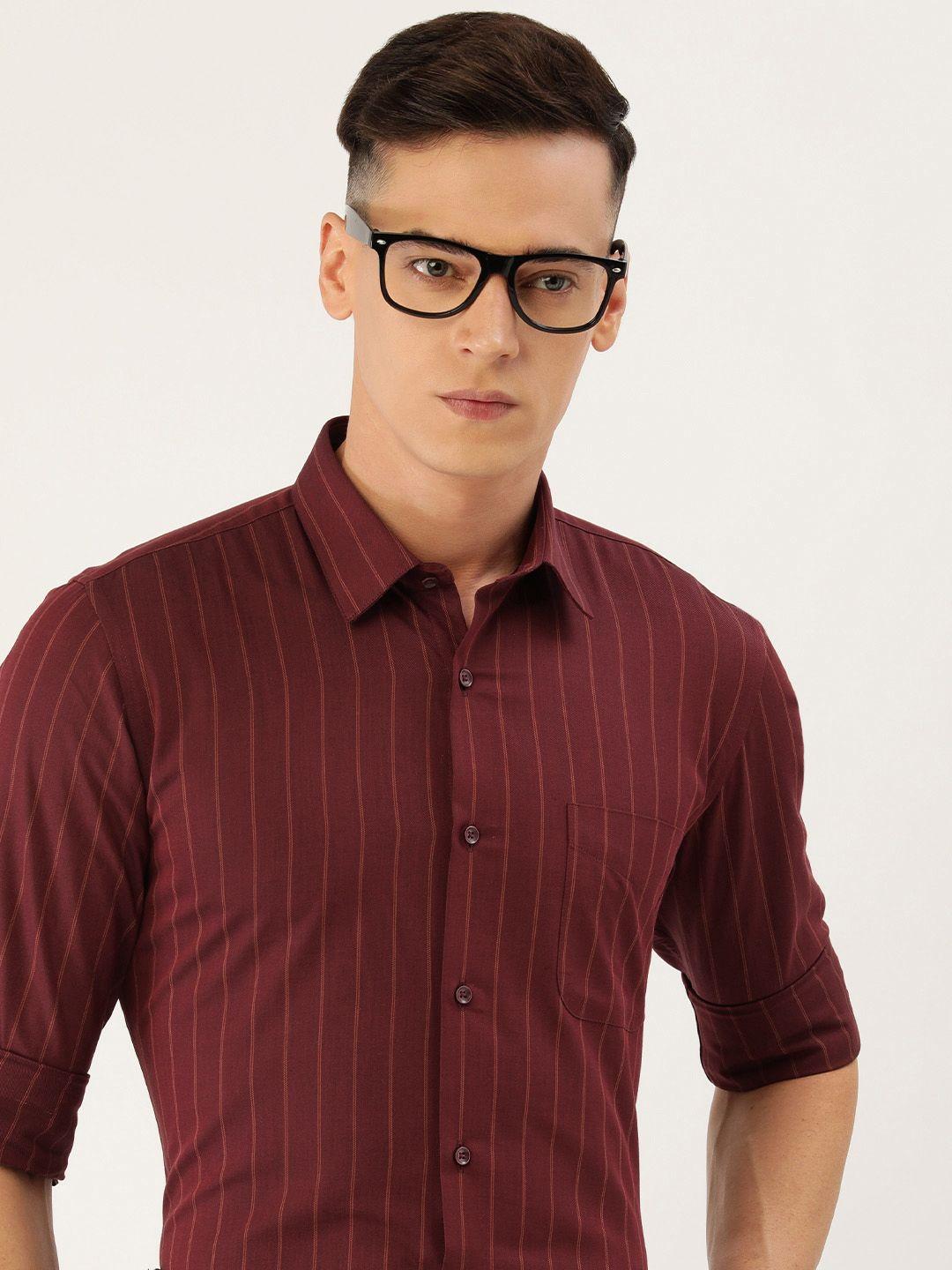 peter england men maroon slim fit opaque striped casual shirt