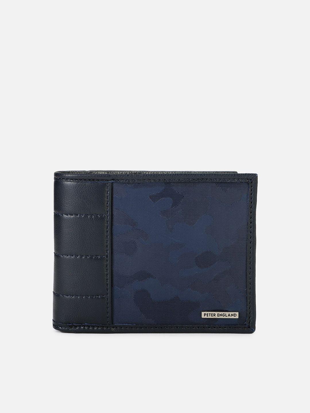 peter england men navy blue & black camouflage printed leather two fold wallet