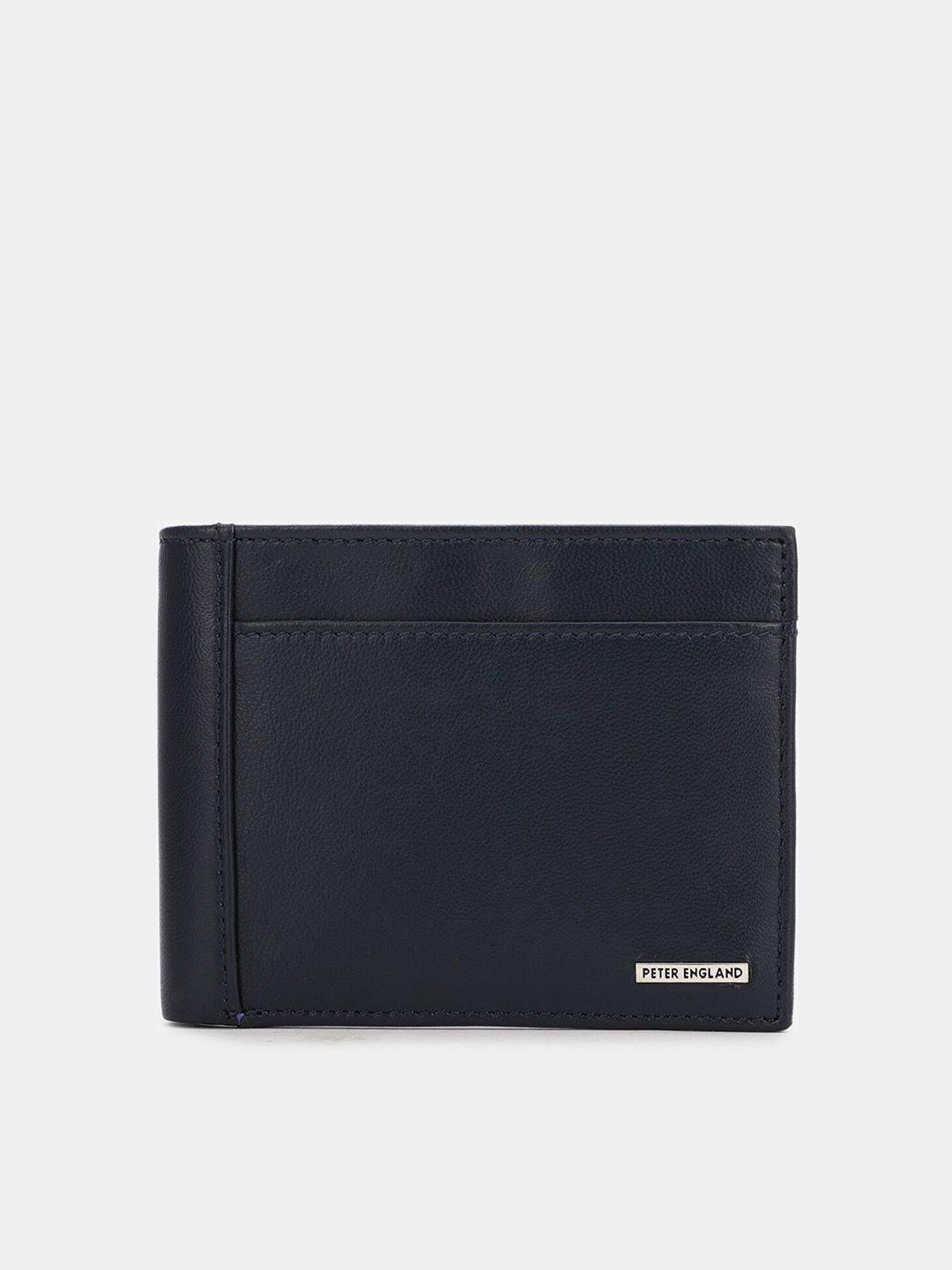 peter england men navy blue leather two fold wallet