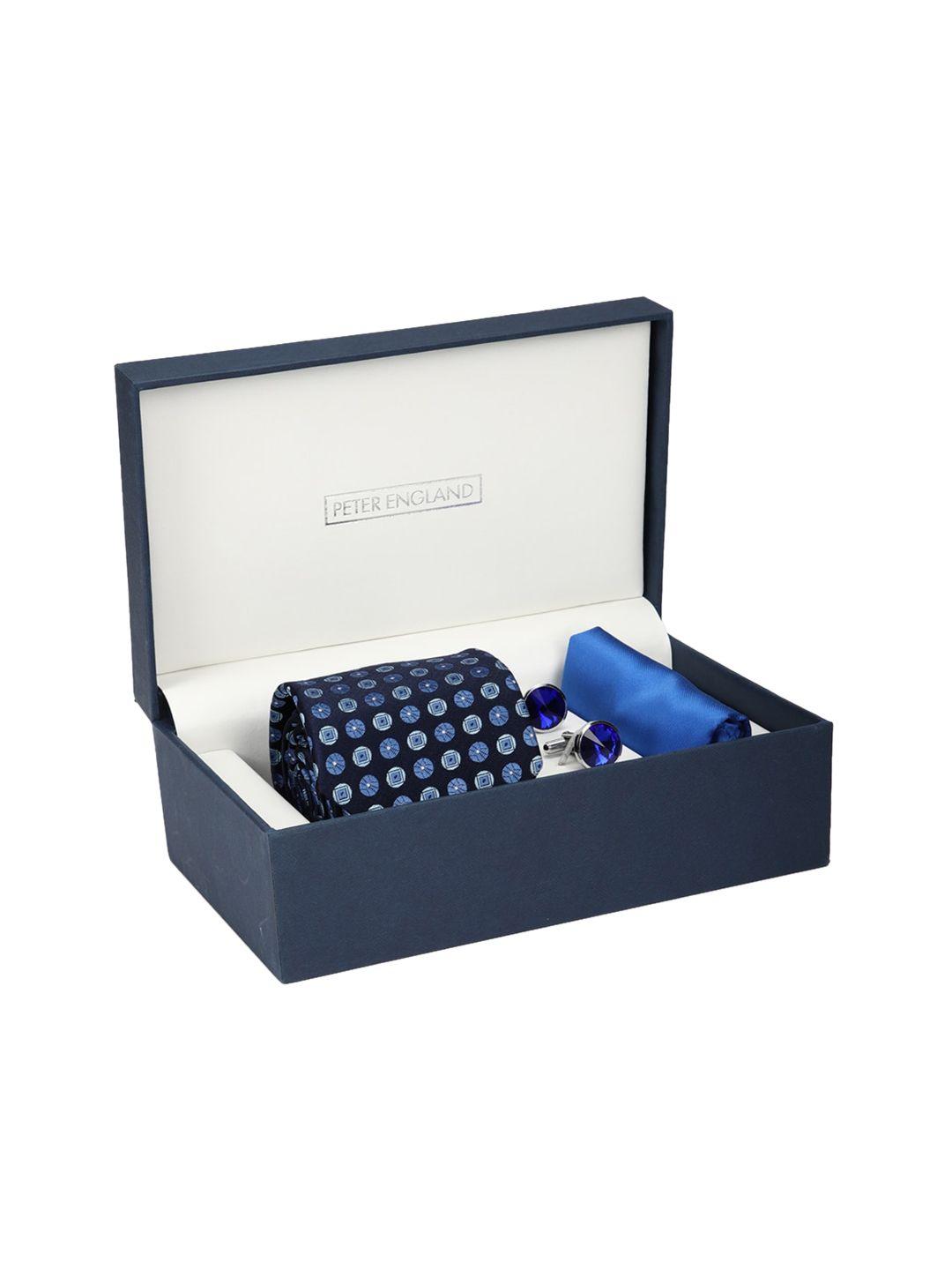 peter england men navy blue printed accessory gift set