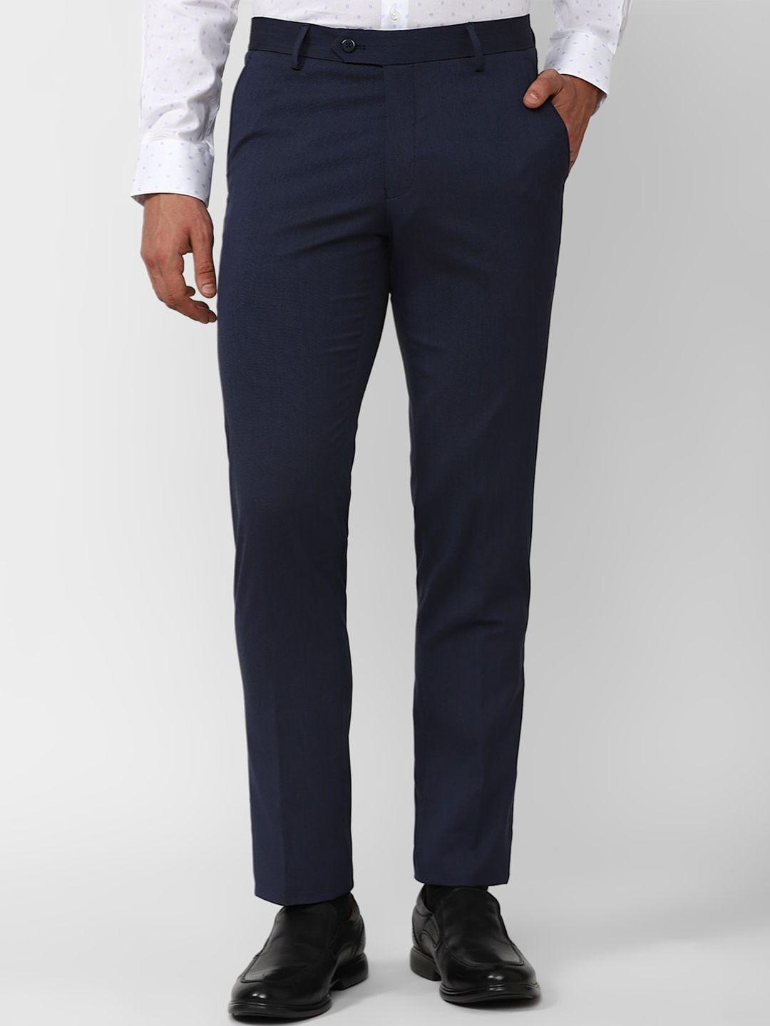 peter england men navy blue slim fit trousers