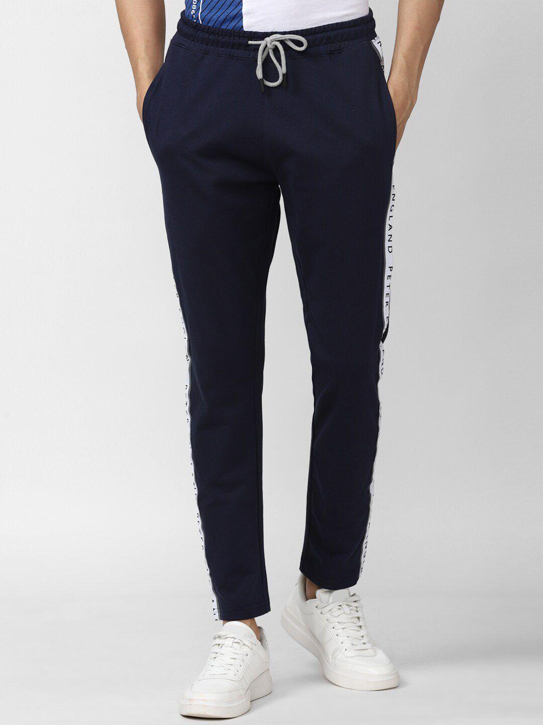 peter england men navy blue solid pure cotton track pants