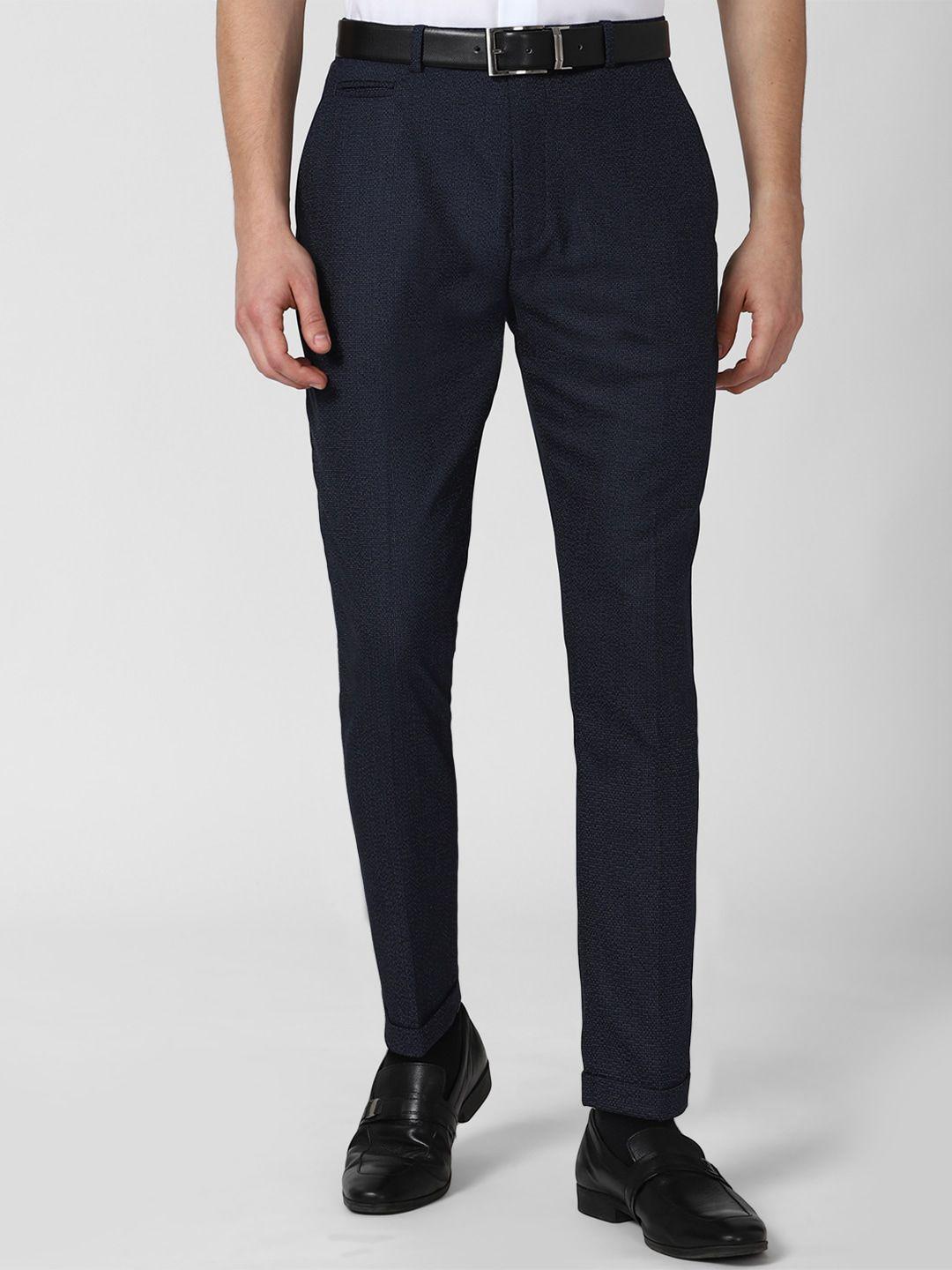 peter england men navy blue solid regular fit formal trousers