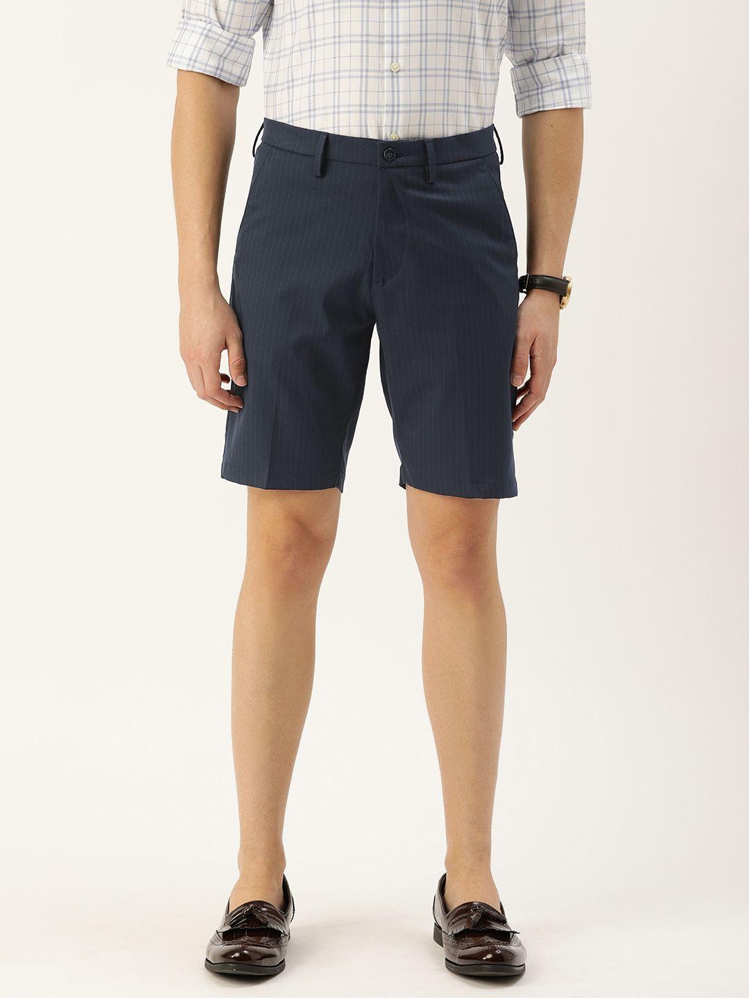 peter england men navy blue striped slim fit regular shorts