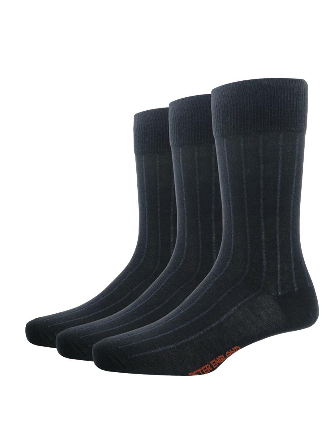 peter england men pack of 3 black striped calf-length socks